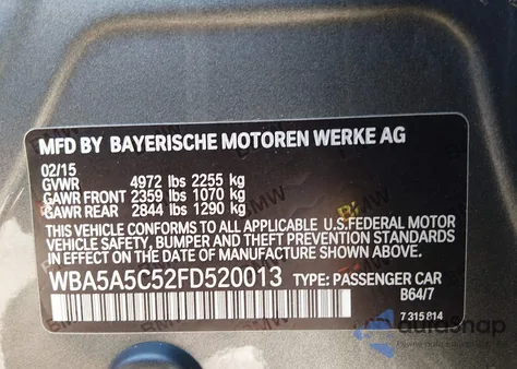 2015 BMW 528I from USA, damaged, VIN WBA5A5C52FD520013